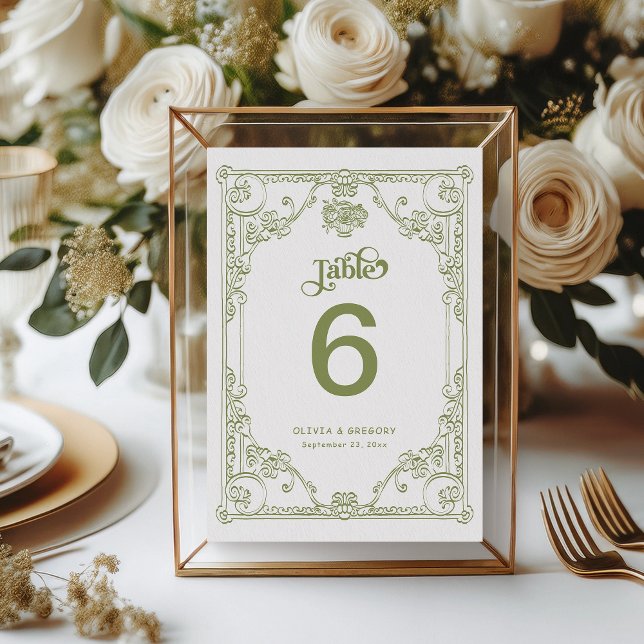 Vintage Olive Green Antique Frame Wedding Table Number (Creator Uploaded)