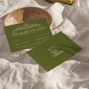Vintage Olive Green Fancy Old Money Wedding RSVP Card