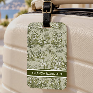 Vintage Olive Green French Country Toile de Jouy Luggage Tag