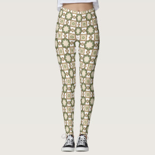 Vintage Olive Green Geometric Floral Pattern Leggings
