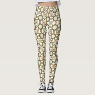 Vintage Olive Green Geometric Floral Pattern Leggings