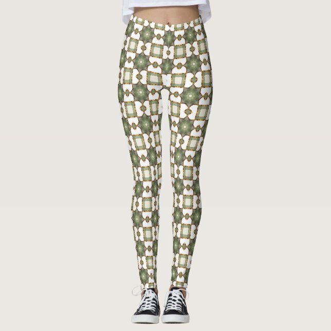 Vintage Olive Green Geometric Tile Pattern Leggings (Front)