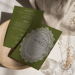 Vintage Olive Green Lace Doily All In One Wedding Invitation