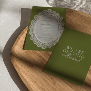 Vintage Olive Green Lace Doily Old Money Wedding Invitation