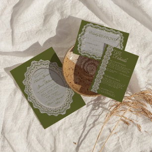 Vintage Olive Green Lace Old Money Photo Wedding Invitation