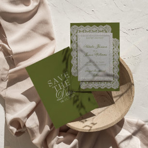 Vintage Olive Green Lace Old Money Wedding Save The Date