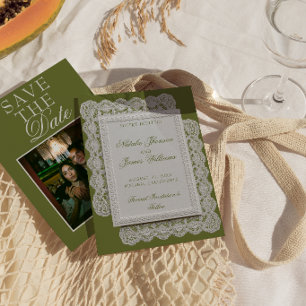Vintage Olive Green Lace Photo Fancy Wedding Save The Date
