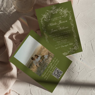 Vintage Olive Green Money Photo QR Code Wedding Invitation