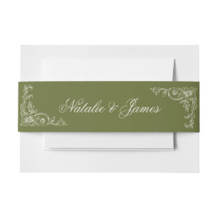 Vintage Olive Green Old Money Classy Wedding Invitation Belly Band