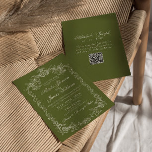 Vintage Olive Green Old Money QR Code Wedding Invitation