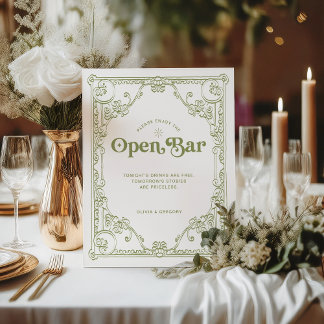 Vintage Olive Green Wedding Open Bar Pedestal Sign