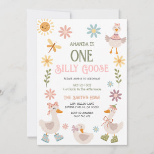 Vintage One Silly Goose Daisy Floral 1st Birthday Invitation