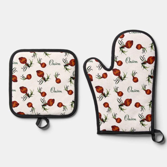 Vintage Onion Print Oven Mitt & Pot Holder Set (Front)