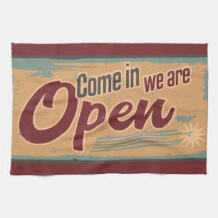Vintage open business sign retro cafe garage tea towel