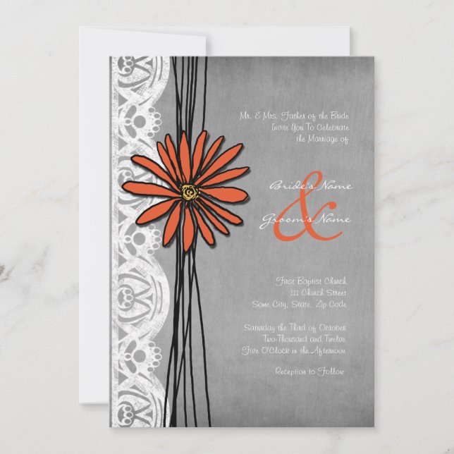 Vintage Orange and Grey Daisy Wedding Invitation (Front)