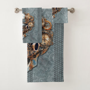 Vintage Orange and Teal Grey Steampunk Skull Bath Towel Set