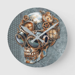 Vintage Orange and Teal Grey Steampunk Skull Round Clock