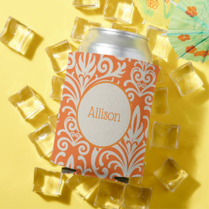 Vintage Orange and White Damask Personalised Can Cooler