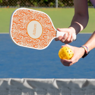 Vintage Orange and White Damask Personalised Pickleball Paddle