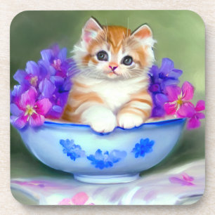 Vintage Orange and White Kitten Illustration Coaster
