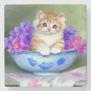Vintage Orange and White Kitten Illustration Stone Coaster