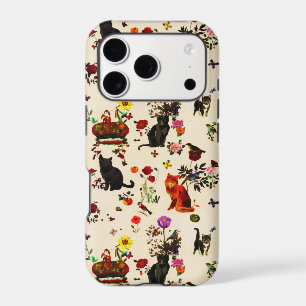 Vintage Orange Black Cats Bird Floral Garden