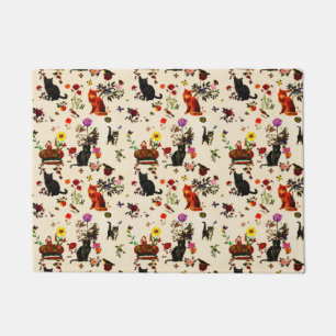 Vintage Orange Black Cats Bird Floral Garden Doormat