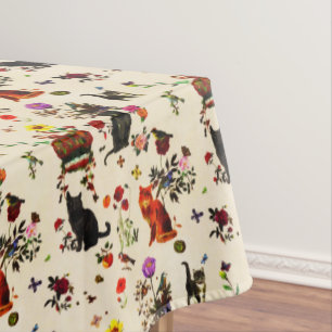 Vintage Orange Black Cats Bird Floral Garden Tablecloth
