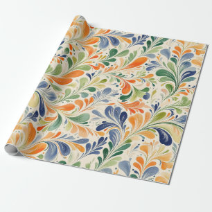 Vintage Orange Blue Green Floral Paisley Wrapping Paper