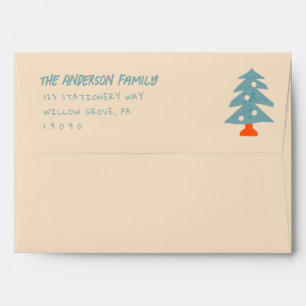 Vintage Orange Blue Hand Drawn Tree Christmas Funk Envelope