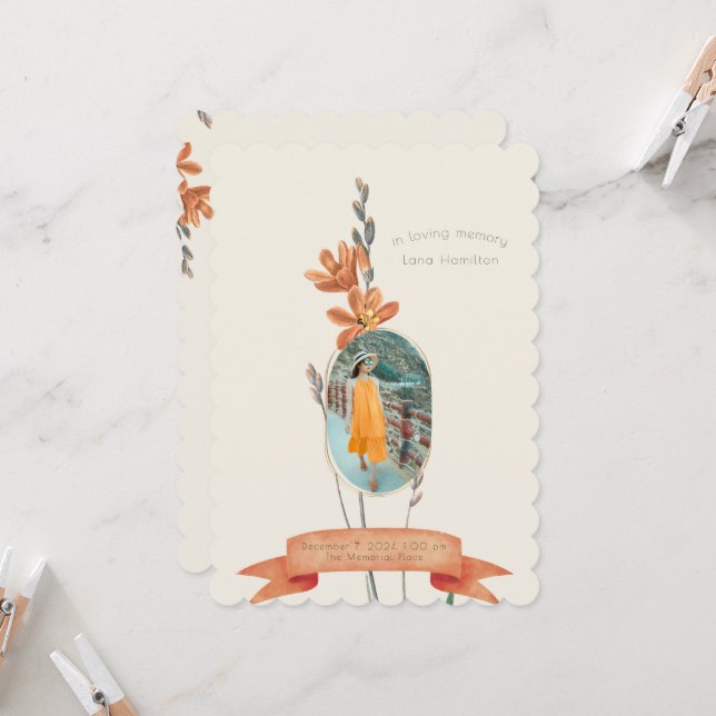 Vintage Orange Floral Photo Funeral Program (Front/Back In Situ)