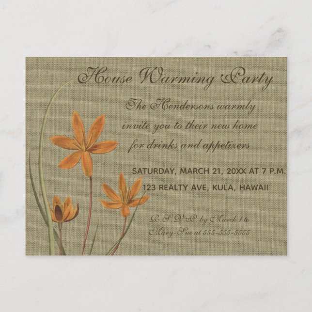 Vintage Orange Flower on Burlap Invitation Postcard (Front)