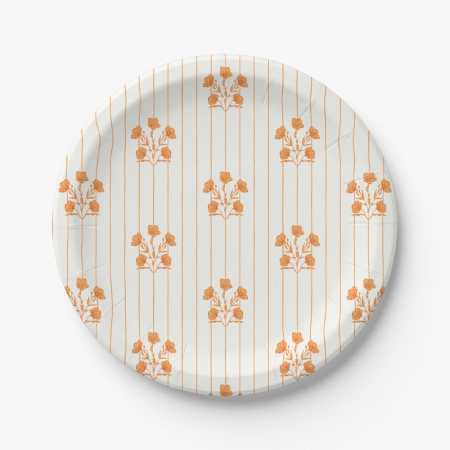 Vintage Orange Flower Stripes Paper Plate (Front)