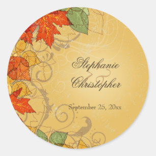 Vintage orange gold fall leaves wedding stickers