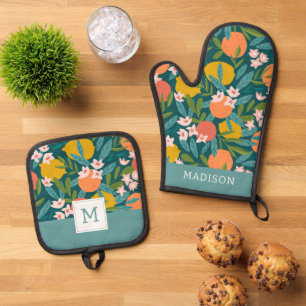 Vintage Orange & Lemon Blossom Pattern Oven Mitt & Pot Holder Set