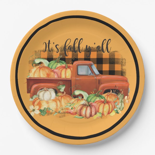 Vintage Orange Truck Fall Pumpkins Paper Plate (Front)