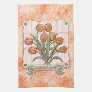 Vintage Orange Tulips Peach Pink Plaid Nice Ribbon Tea Towel