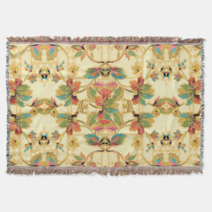 Vintage Orange Turquoise Floral Wallpaper Pattern Throw Blanket