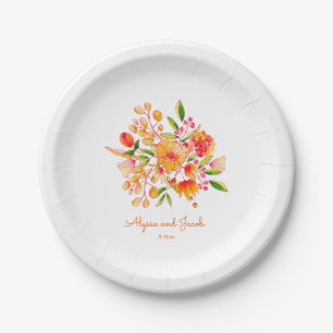 Vintage Orange Watercolor Flowers Custom Wedding Paper Plate