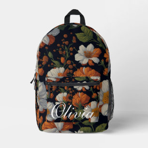 Vintage Orange white elegant floral monogram Printed Backpack