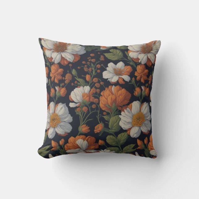 Vintage Orange white elegant retro flowers Cushion (Front)