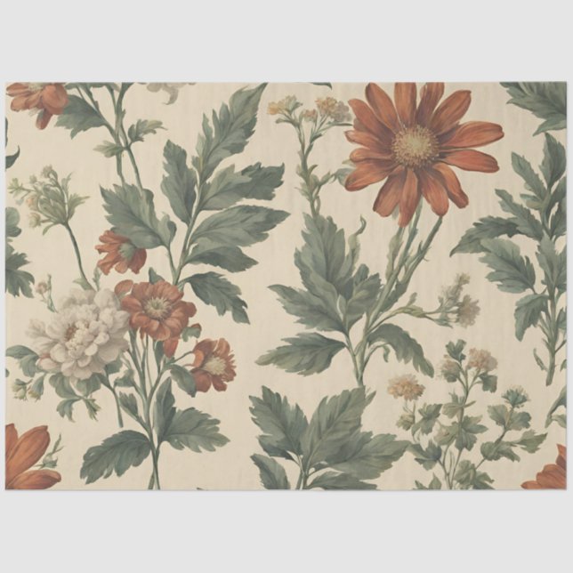 Vintage Orange Wildflower Greenery Decoupage  Tissue Paper (Front)