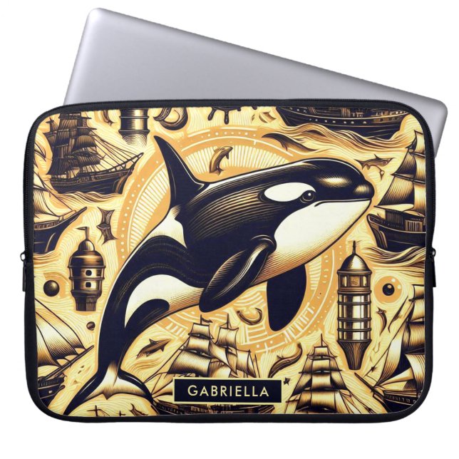 Vintage Orca Nautical Pattern Laptop Sleeve (Front)