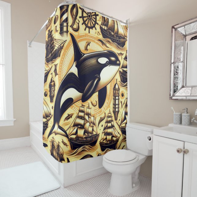 Vintage Orca Nautical Pattern Shower Curtain (In Situ)