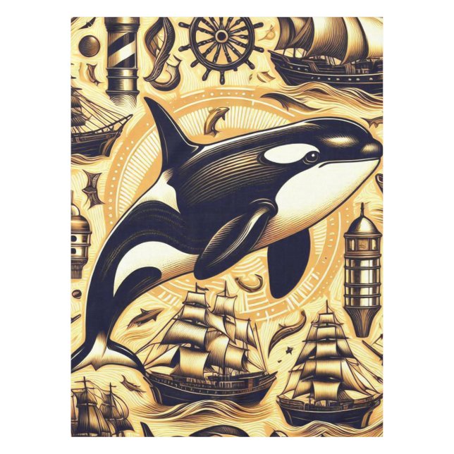 Vintage Orca Nautical Pattern Tablecloth (Front)