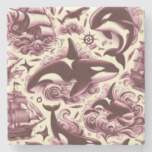 Vintage Orca Nautical Seamless Stone Coaster