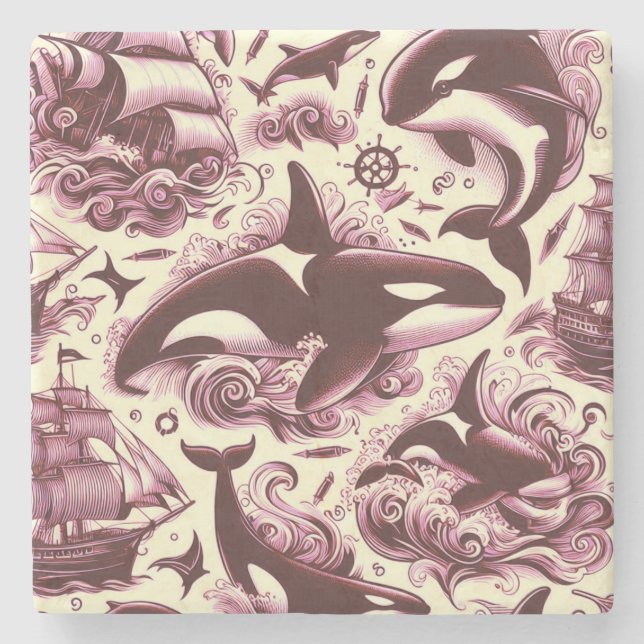Vintage Orca Nautical Seamless Stone Coaster (Front)