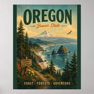 Vintage Oregon Coast and Forest Landscape Adventur Poster