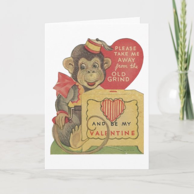 Vintage Organ Grinder Monkey Valentine Holiday Card (Front)