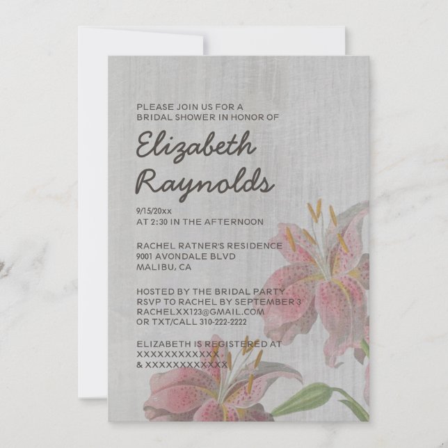 Vintage Oriental Lily Bridal Shower Invitations (Front)